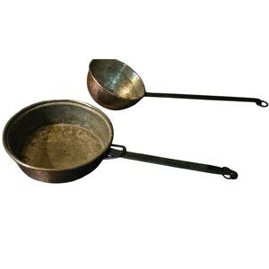 Antique Large Hand Forged French Copper Pots With Brass Handles 23"L 25"L